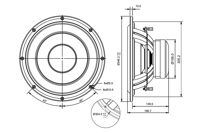 Image Drawing & Mounting cone driver SB Acoustics Speaker SB Acoustics SB34SWPL76-3-DV, impedance 3+3 ohm, 12 inch