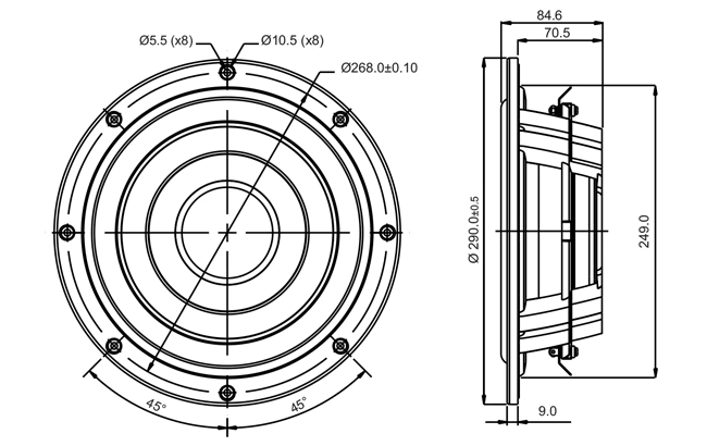 drawing & mounting du cone driver SB Acoustics Speaker SB Acoustics SW26DAC76-4, impedance 4 ohm, 10 inch