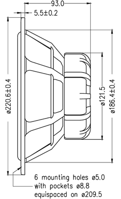 Image Drawing & Mounting cone driver SEAS Speaker SEAS RW220, 4 ohm, 8.69 inch