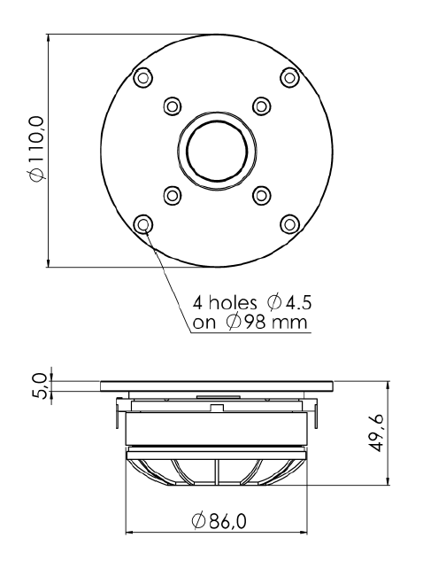 Image Drawing & Mounting dome tweeter Sica Dome tweeter Sica LP110.28/380TW, 8 ohm, 4.33 inch
