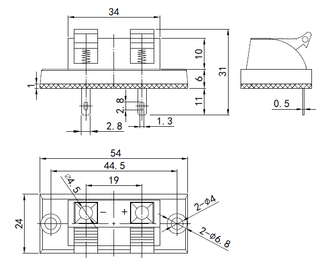 2pole clamp terminal block, surface mounting, black plastic, red/black