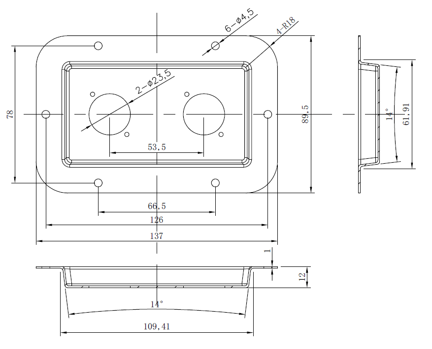 drawing & mounting du terminal TLHP Black steel mounting plate for two D-type sockets (Neutrik NL4MPXX for example), front 136 x 89 mm, total depth 12 mm