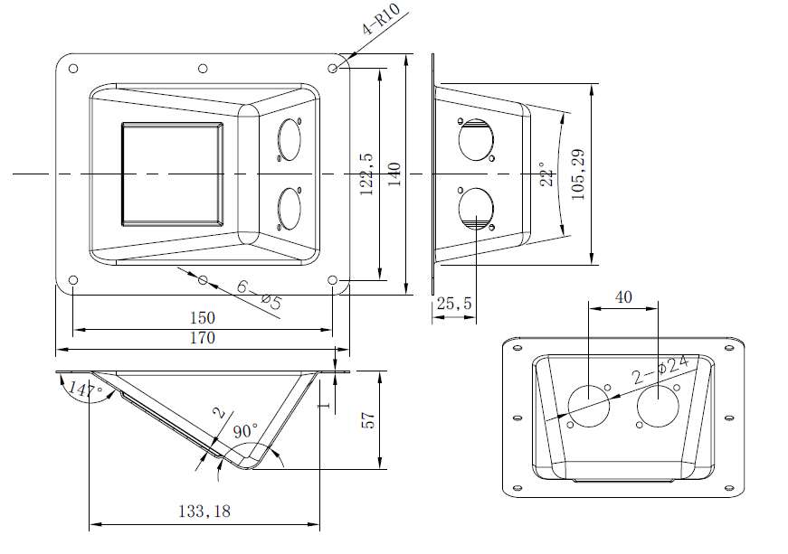 drawing & mounting du terminal TLHP Black steel mounting plate for two D-type sockets (Neutrik NL4MPXX for example), front 170 x 140 mm, total depth 57 mm