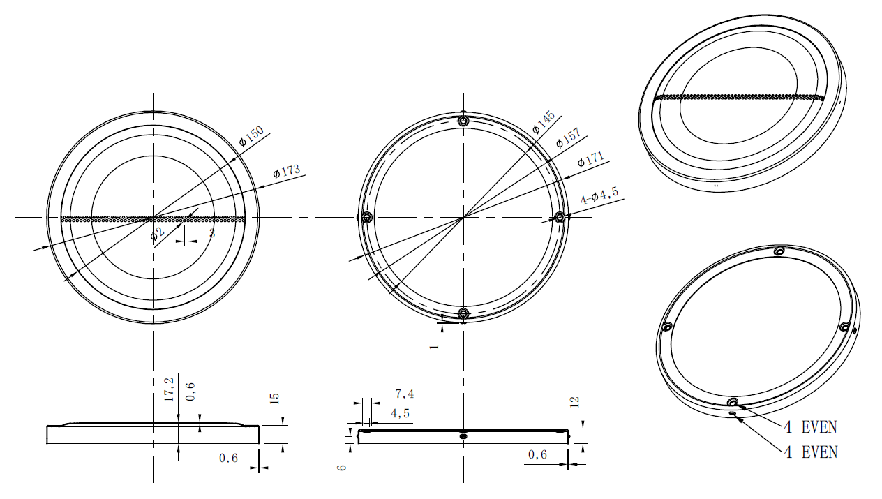 drawing & mounting du grill TLHP Speaker grille TLHP GR-165, in two parts, external diameter 174 mm