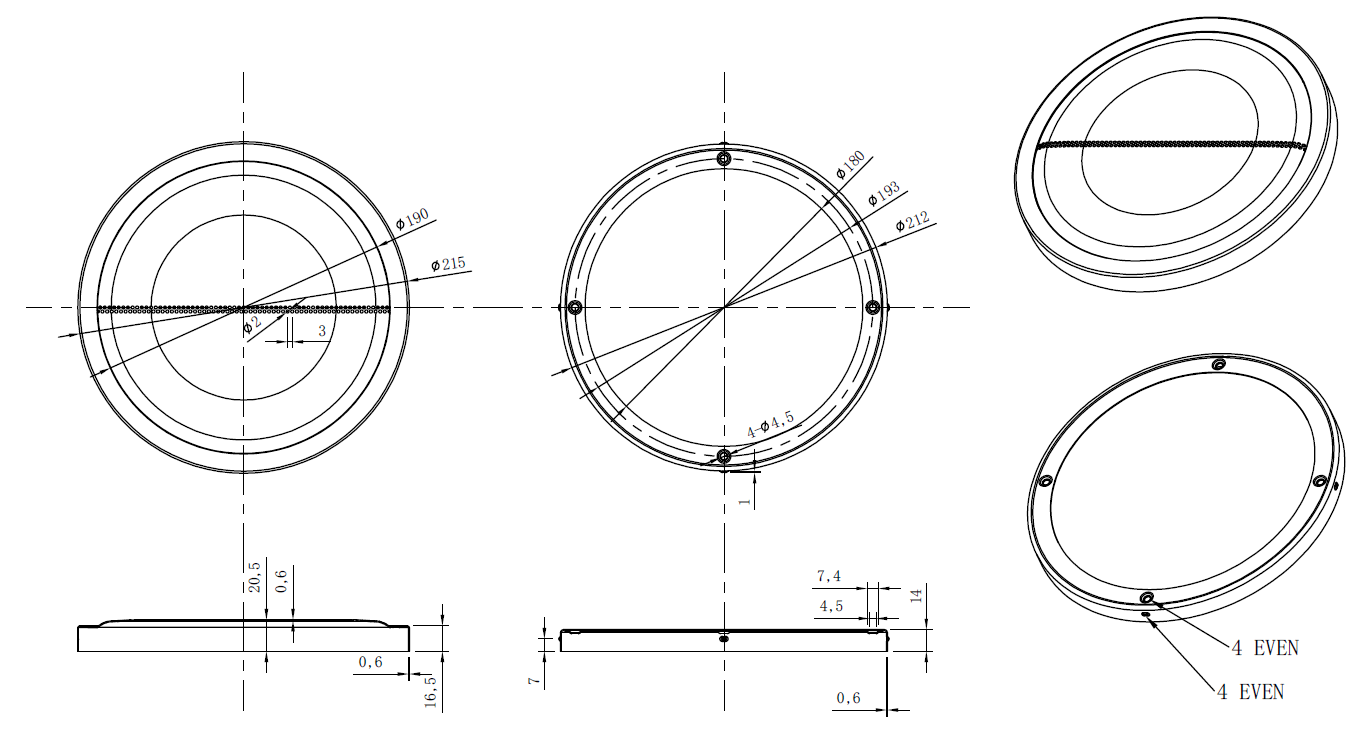 drawing & mounting du grill TLHP Speaker grille TLHP GR-200, in two parts, external diameter 214 mm