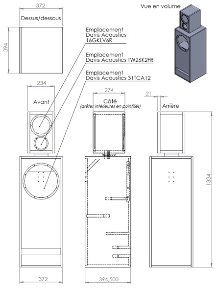 drawing & mounting du loudspeaker kit TLHP Column speaker kit MV15 with cabinet kit, speakers and passive crossover