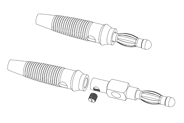 Image Drawing & Mounting (2/2) banana connector TLHP Pair of red/black banana plugs, length 57 mm, flexible insulated sheath, steel connection to be screwed/soldered for wire up to 3 mm diameter, side hole diameter 4 mm for banana
