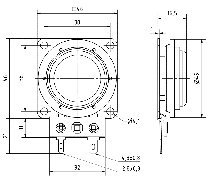 Image Drawing & Mounting shaker Visaton Exciter speaker Visaton EX 45 S, 46 x 46 mm, 4 ohm