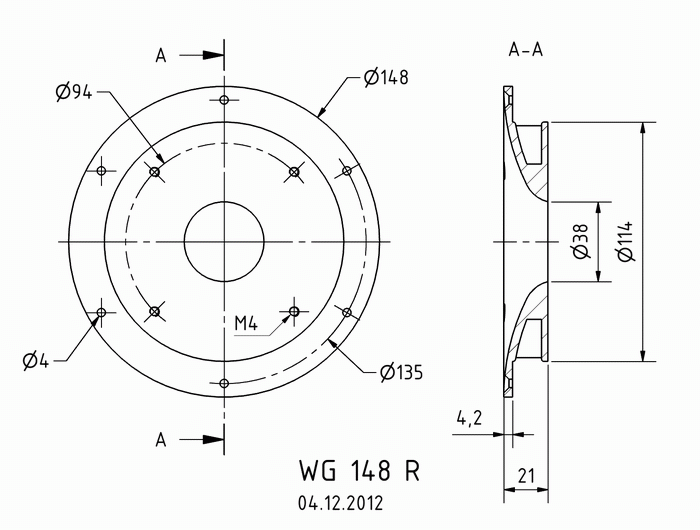 drawing & mounting du horn Visaton 5.83 inch diameter Visaton horn, for tweeters G 25 FFL or KE 25 SC